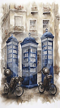 Multiple TARDIS, from Doctor Who, space-time machine, blue police phone call box, Generative AI