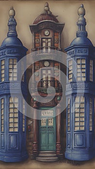 Multiple TARDIS, from Doctor Who, space-time machine, blue police phone call box, Generative AI