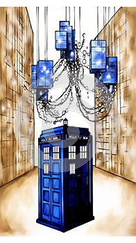 Multiple TARDIS, from Doctor Who, space-time machine, blue police phone call box, Generative AI