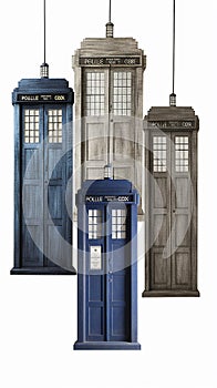 Multiple TARDIS, from Doctor Who, space-time machine, blue police phone call box, Generative AI