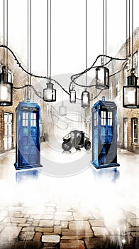 Multiple TARDIS, from Doctor Who, space-time machine, blue police phone call box, Generative AI