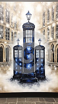 Multiple TARDIS, from Doctor Who, space-time machine, blue police phone call box, Generative AI