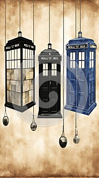 Multiple TARDIS, from Doctor Who, space-time machine, blue police phone call box, Generative AI