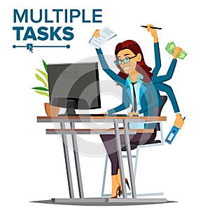 Multiple Tasks Business Woman Vector. Many Hands Simultaneously. Financial Occupation. Talented Worker. Flat Cartoon