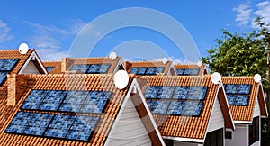 Multiple town house rooftops with solar panels.