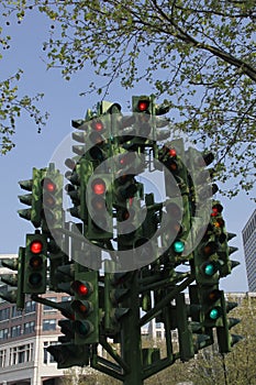 Multiple traffic lights on the Isle of Dogs photo