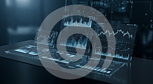 Multiple transparent digital screens display various graphs and charts in a futuristic