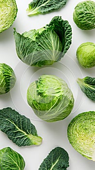Fresh Green Cabbage Varieties Displayed on a Light Surface in a Rustic Kitchen Setting.