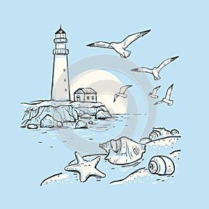 Multiple valuesHand drawn vector sketch with bottle, gulls, sun and lighthouse. Beach with seashells and sea star.  Marine