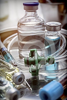 Multiple vial and syringe in a tray metal