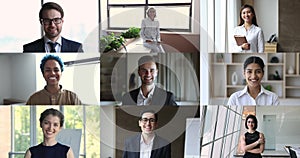 Multiple videos happy young and aged businesspeople pose at workplace