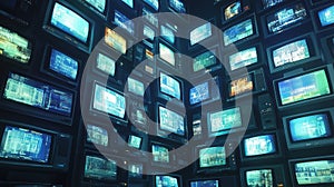 Multiple vintage televisions displaying digital screens and data patterns photo