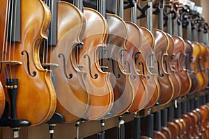 Multiple violins and a viola are hanging neatly on a wall in a row