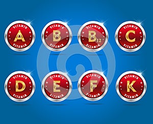 Multiple vitamin label silver badge set on blue background