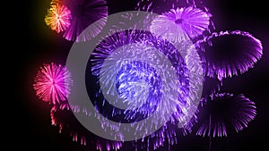 Multiple volleys of fireworks isolated on black background. 3d animation 3d render close up view. Multicolored complex