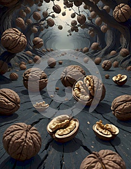 Multiple Walnuts With a Detailed, vibrant blue patterned background, emphasizing texture and natural beauty, generated with AI