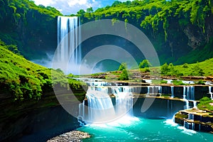 Multiple waterfalls with clear water flowing into an open river generated by ai