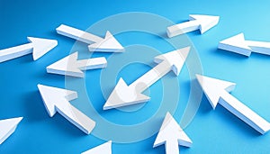 Multiple White Arrows Pointing in Different, Random Directions, Isolated on a Blue Background.
