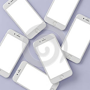 Multiple white smartphones displaying blank screens on a light purple background