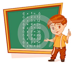 Multiplication by 6 table boy schoolboy stand by blackboard with chalk