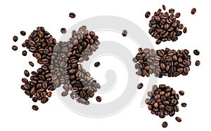 Multiplication and division sign made from coffee beans on a white background.