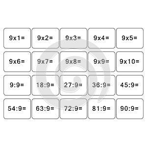 Multiplication and division table of 9. Maths card with an example, drawing. Multiplication Square, vector illustration