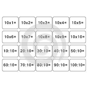 Multiplication and division table of 10. Maths card with an example, drawing. Multiplication Square, vector illustration