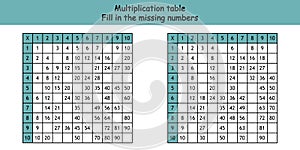 Multiplication Square. Paste the missing numbers. School vector illustration with colorful cubes. Multiplication Table