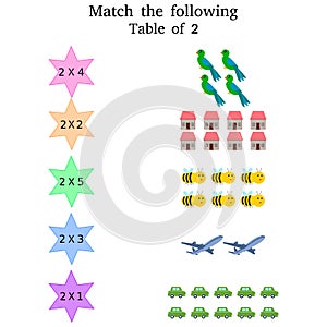 Multiplication table by 2 for kids. Count the pictures, match the following