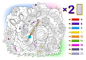 Multiplication table by 2 for kids. Math education. Coloring book. Solve examples and paint the rabbits. Logic puzzle game.