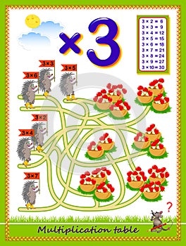 Multiplication table by 3 for kids. Count the quantity of mushrooms, find the way and draw lines till baskets. Educational page.