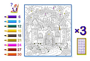 Multiplication table by 3 for kids. Math education. Coloring book. Solve examples and paint the picture. Logic puzzle game.