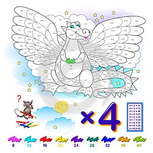 Multiplication table by 4 for kids. Math education. Coloring book. Solve examples and paint the dragon. Logic puzzle game.