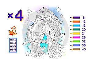 Multiplication table by 4 for kids. Math education. Coloring book. Solve examples and paint the lovebirds. Logic puzzle game.