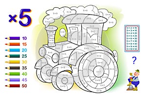 Multiplication table by 5 for kids. Math education. Coloring book. Solve examples and paint the tractor. Logic puzzle game.