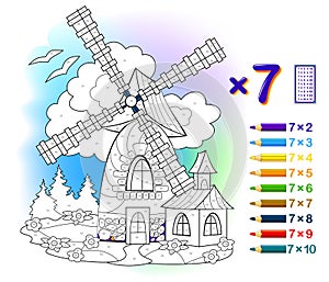 Multiplication table by 7 for kids. Math education. Coloring book. Solve examples and paint the mill. Logic puzzle game. Printable