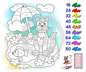 Multiplication table by 8 for kids. Math education. Coloring book. Paint the illustration corresponding to numbers.