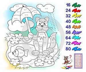 Multiplication table by 8 for kids. Math education. Coloring book. Paint the illustration corresponding to numbers. photo