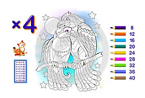 Multiplication table by 4 for kids. Math education. Coloring book. Solve examples and paint the lovebirds. Logic puzzle game. photo