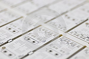 Multiplied printed circuit boards PCB. Abstract background. PCB assembly. Close-up view