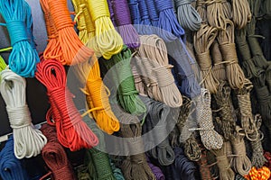 Multipurpose ropes of different colors on the shop window