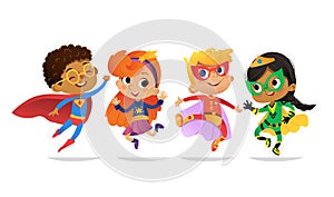 Multiracial Boys and Girls, wearing colorful costumes of superheroes, happy jump. Cartoon vector characters of Kid