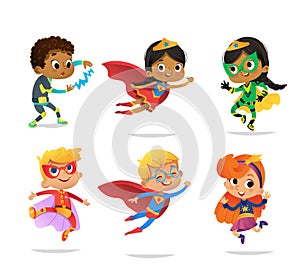 Multiracial Boys and Girls, wearing colorful costumes of various superheroes, isolated on white background. Cartoon