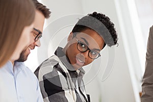 Multiracial business people in office at meeting