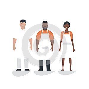 Multiracial chefs standing smiling, with a Caucasian, African, and African-American chefs in professional attire