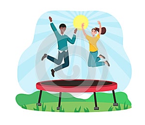 Multiracial couple are jumping on trampoline.