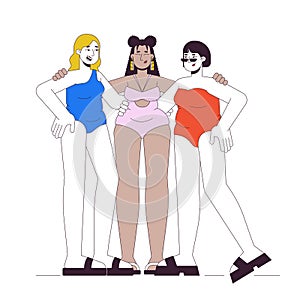 Multiracial curvy women best friends 2D linear cartoon characters