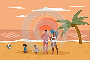 Multiracial family on beach at sunset flat line character vector illustration concept