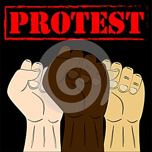 Multiracial fists hands up. Raised hands with clenched fist. Concept of protest, revolution, fight, cooperation, strike