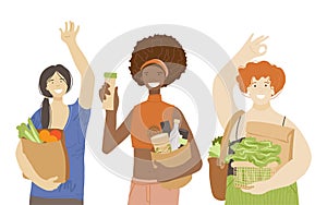 Multiracial group of happy joyful woman, holding zero waste products, waving hands and showing OK sign. Ecological and